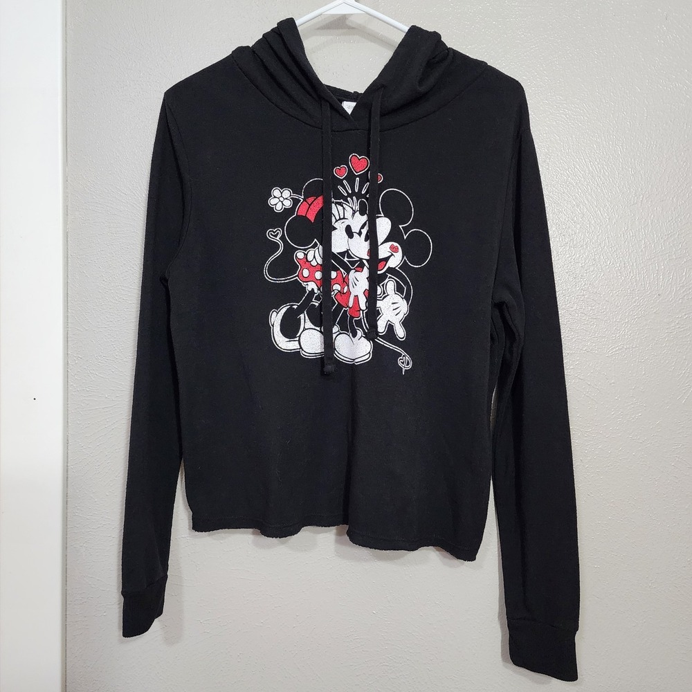 Disney Store Women's Mickey‎ & Minnie Mouse Cropped Black Sweatshirt Size Large